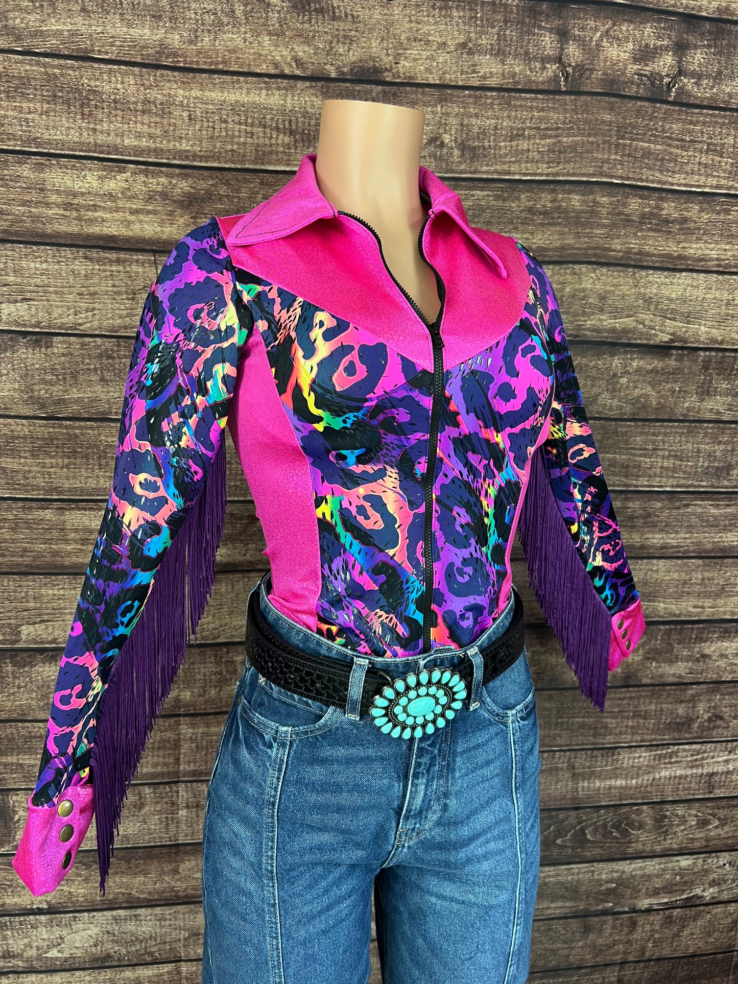 Neon Pink and Rainbow Leopard Rodeo Shirt