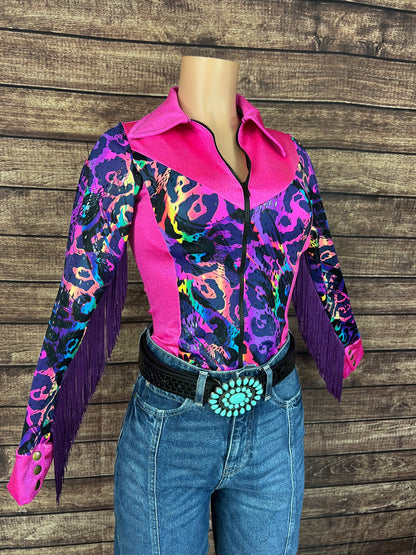 Neon Pink and Rainbow Leopard Rodeo Shirt
