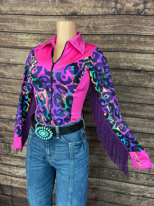 Neon Pink and Rainbow Leopard Rodeo Shirt