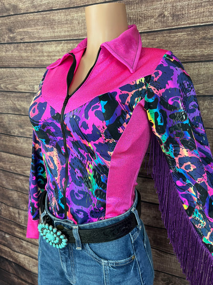 Neon Pink and Rainbow Leopard Rodeo Shirt