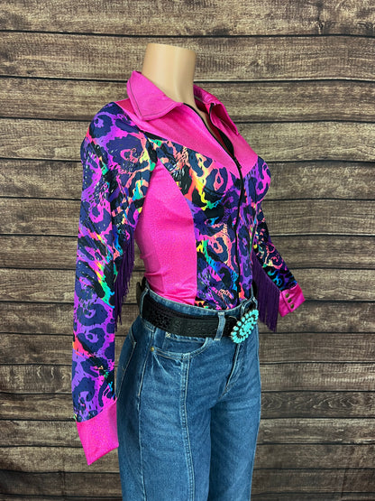 Neon Pink and Rainbow Leopard Rodeo Shirt