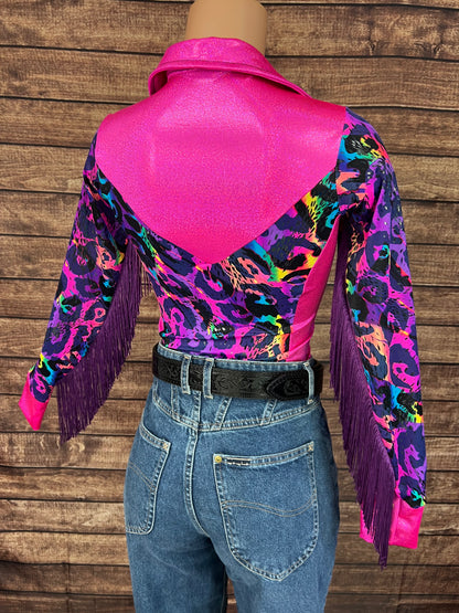 Neon Pink and Rainbow Leopard Rodeo Shirt