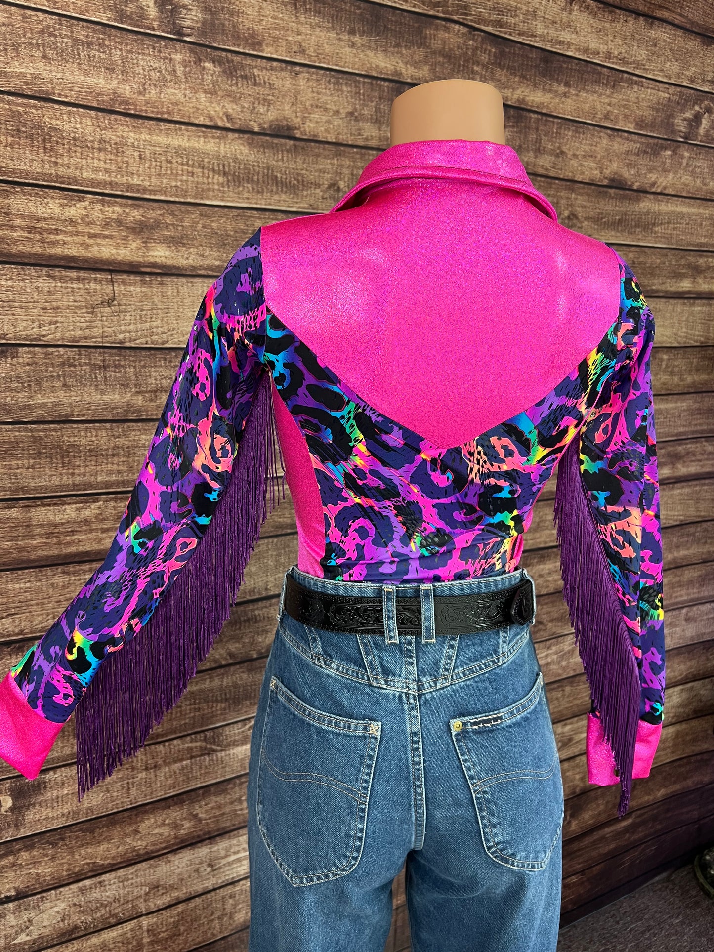 Neon Pink and Rainbow Leopard Rodeo Shirt