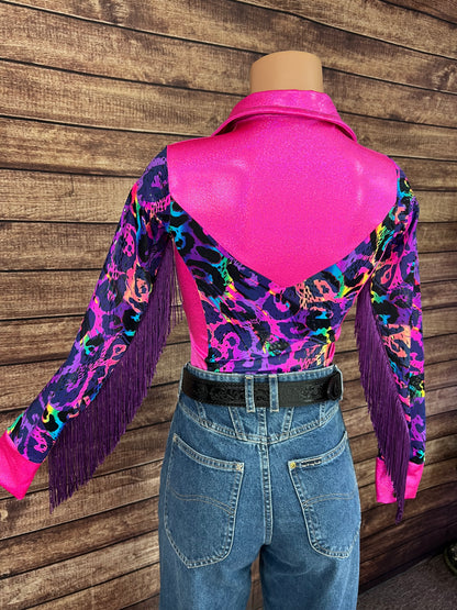 Neon Pink and Rainbow Leopard Rodeo Shirt