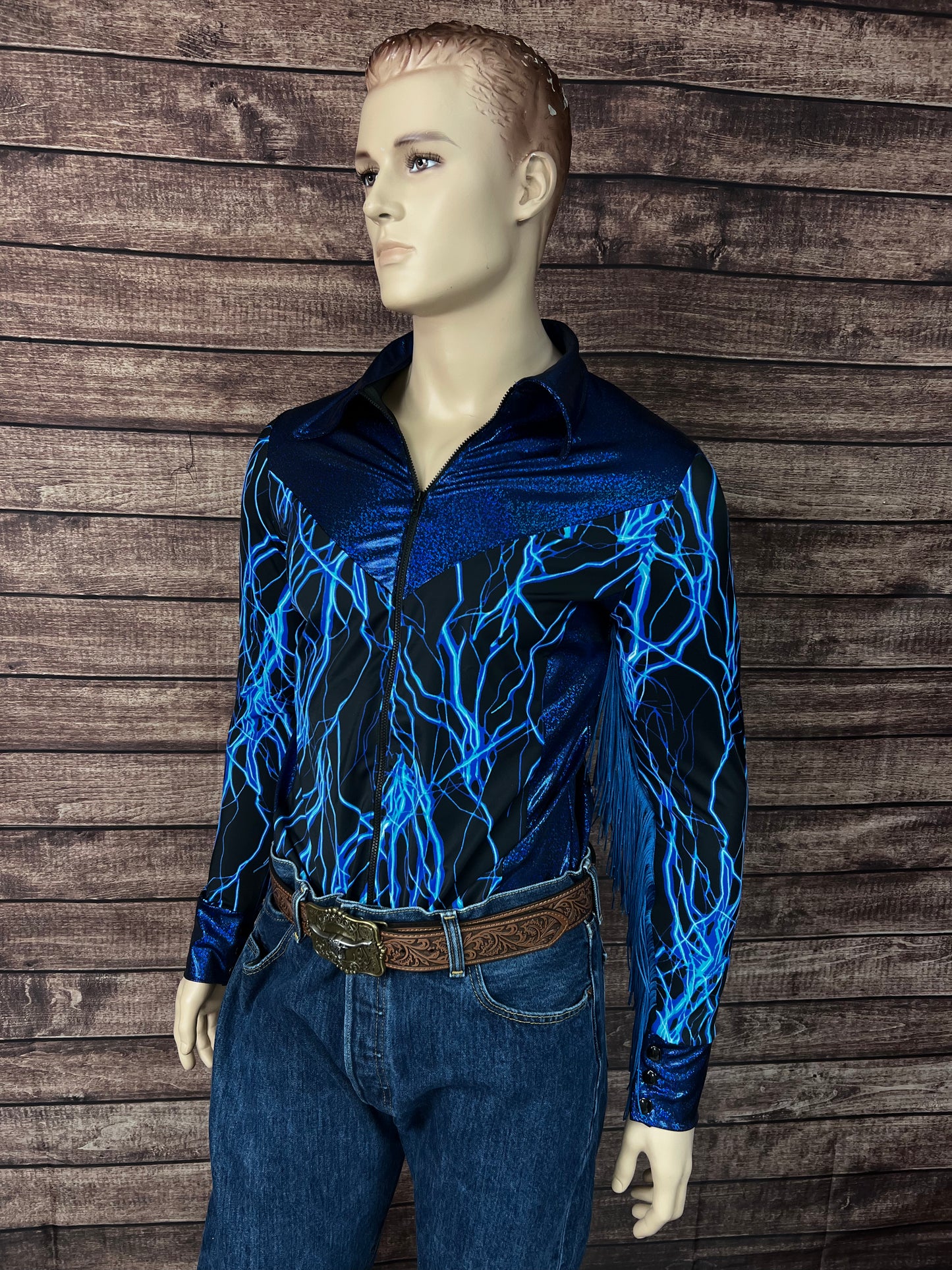 Mens Neon Blue Lightning Rodeo Shirt