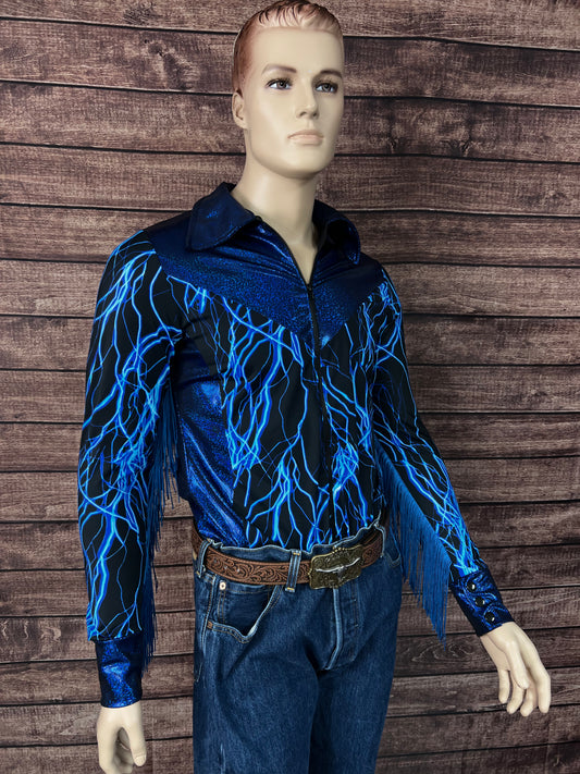 Mens Neon Blue Lightning Rodeo Shirt