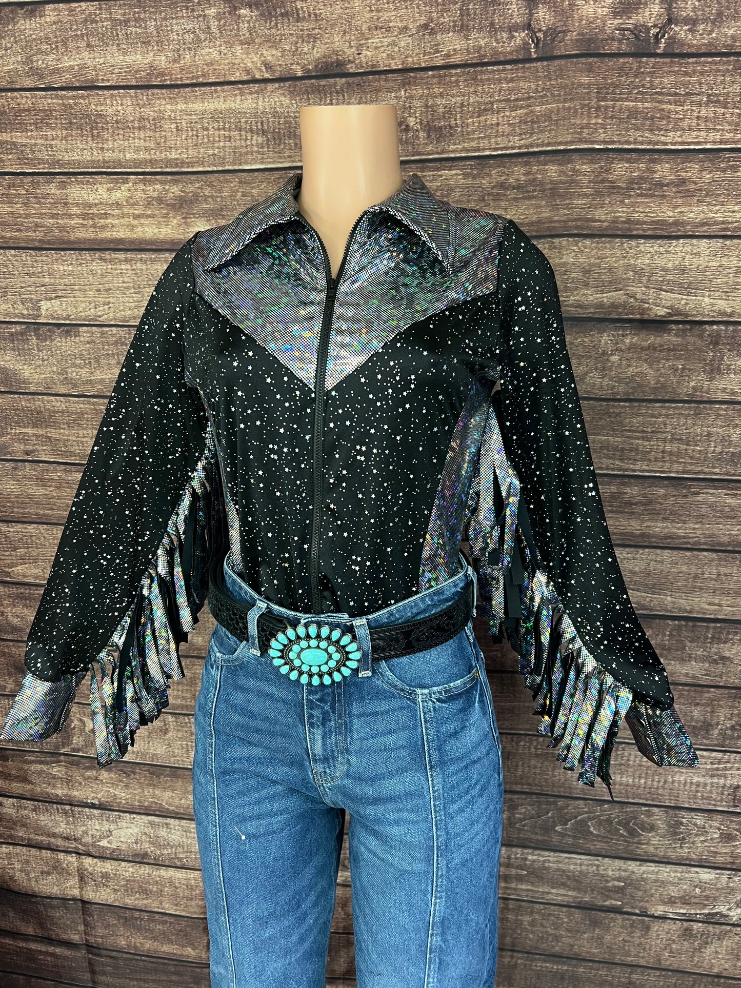 Star Noir Zipper Front Rodeo Shirt with 6" Thunderbird Fringe