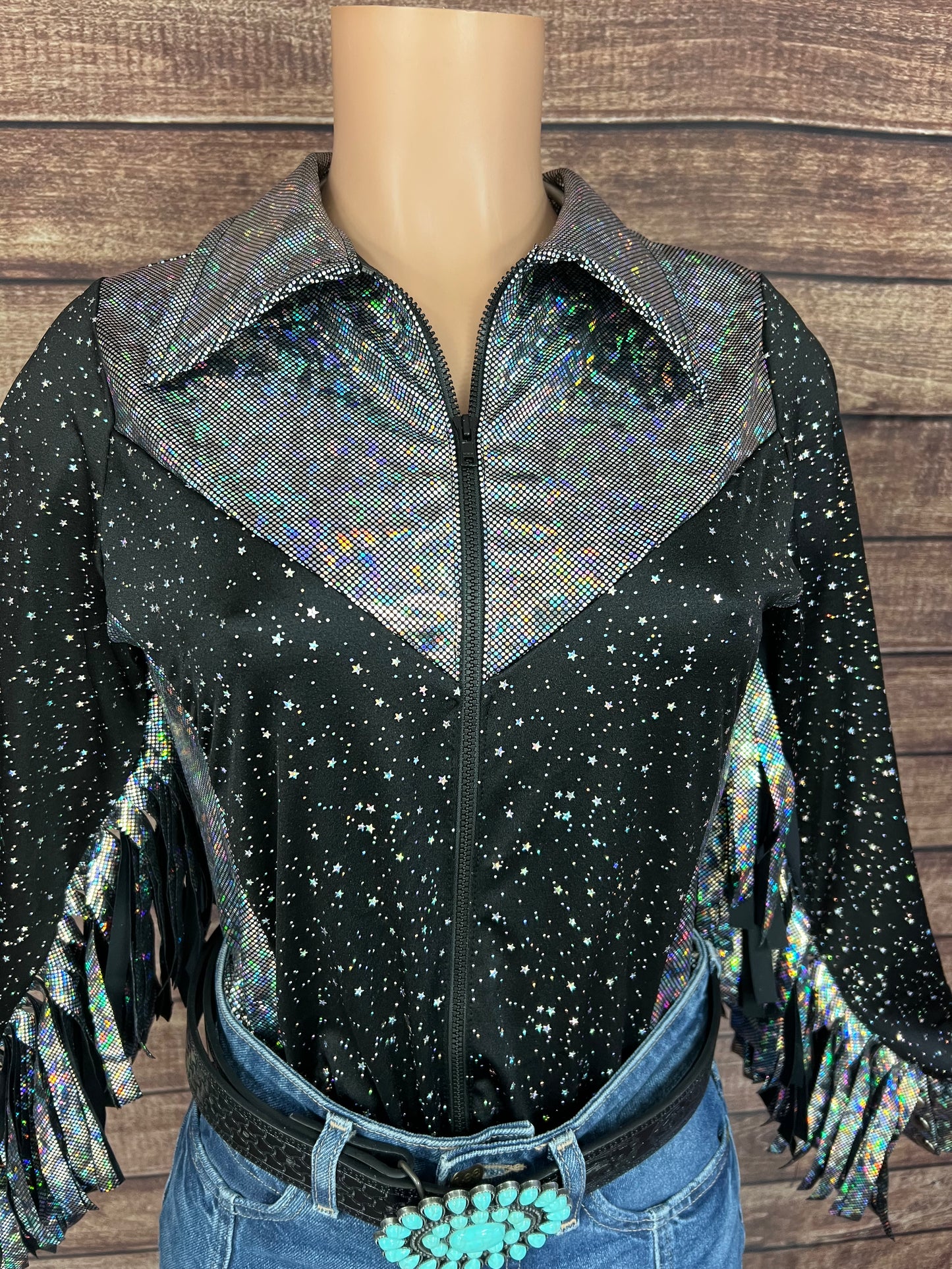 Star Noir Zipper Front Rodeo Shirt with 6" Thunderbird Fringe