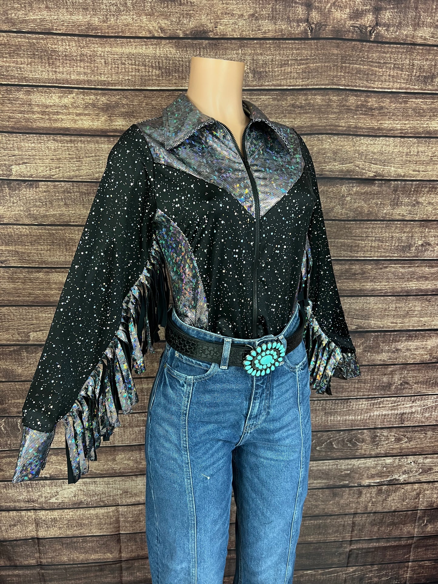 Star Noir Zipper Front Rodeo Shirt with 6" Thunderbird Fringe