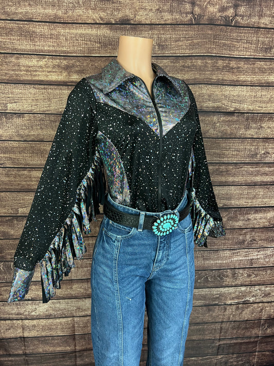 Star Noir Zipper Front Rodeo Shirt with 6" Thunderbird Fringe