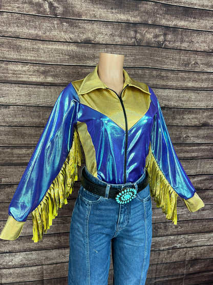 Gold and Moonstone Zipper Front Rodeo Shirt with 6" Thunderbird Fringe