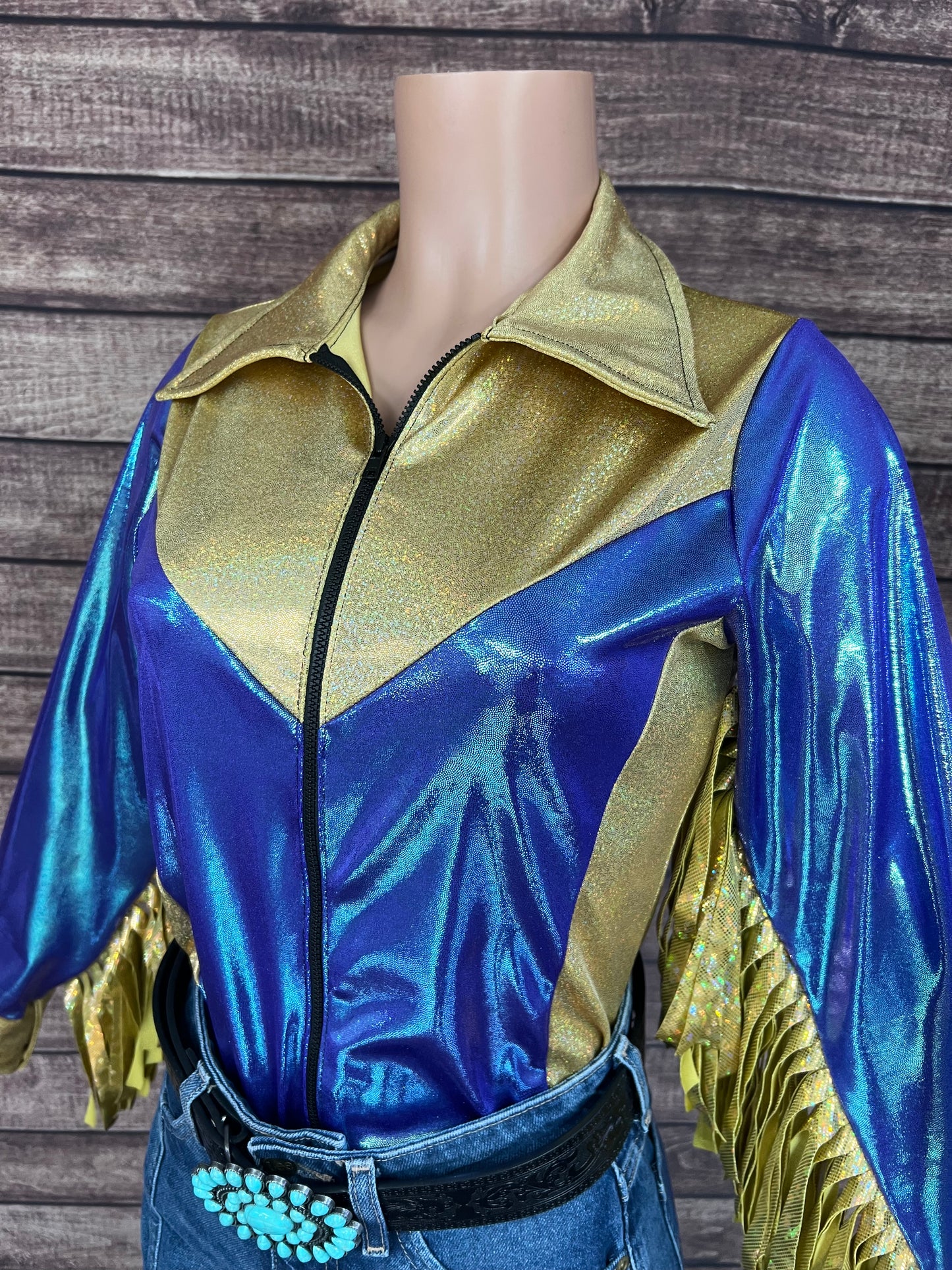 Gold and Moonstone Zipper Front Rodeo Shirt with 6" Thunderbird Fringe
