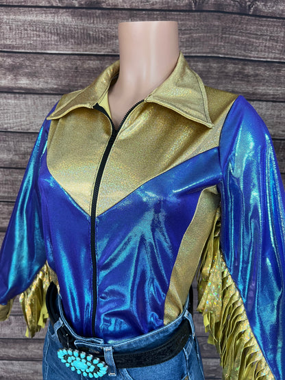 Gold and Moonstone Zipper Front Rodeo Shirt with 6" Thunderbird Fringe