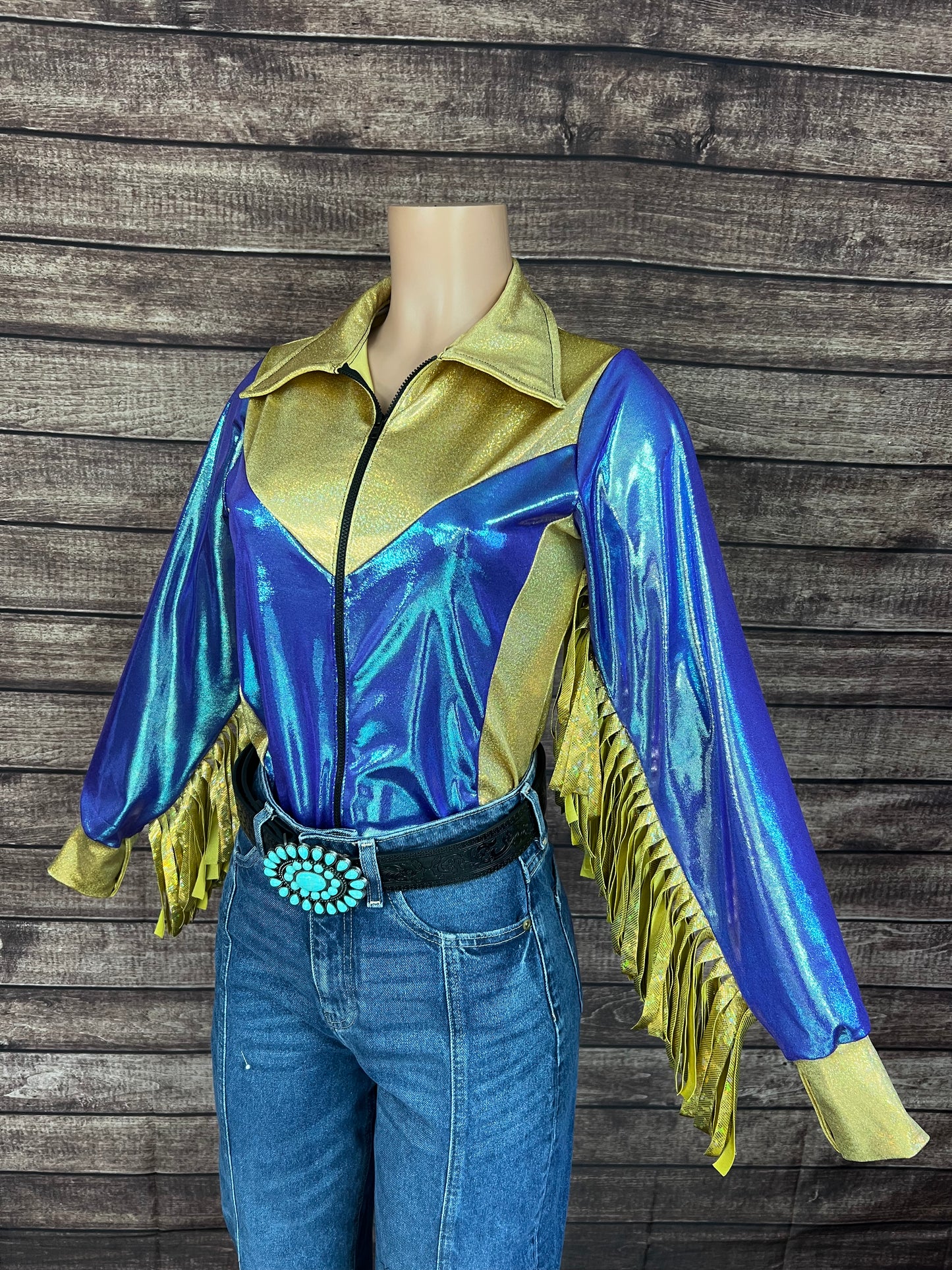 Gold and Moonstone Zipper Front Rodeo Shirt with 6" Thunderbird Fringe