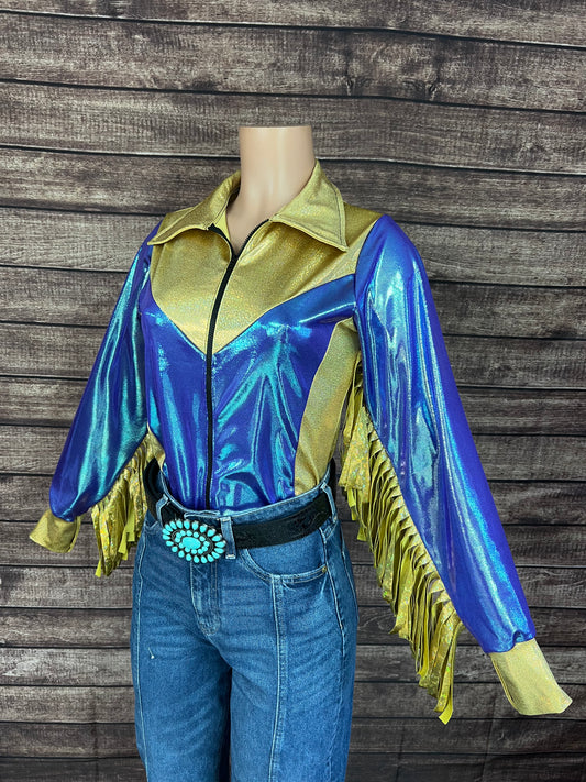 Gold and Moonstone Zipper Front Rodeo Shirt with 6" Thunderbird Fringe