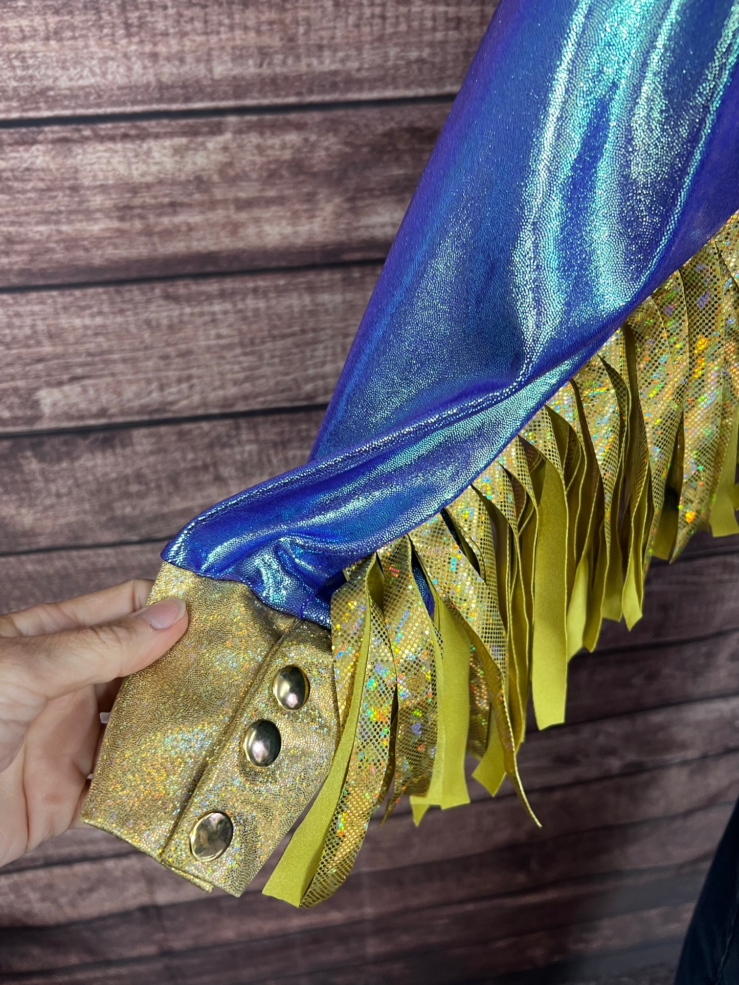 Gold and Moonstone Zipper Front Rodeo Shirt with 6" Thunderbird Fringe