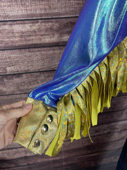 Gold and Moonstone Zipper Front Rodeo Shirt with 6" Thunderbird Fringe