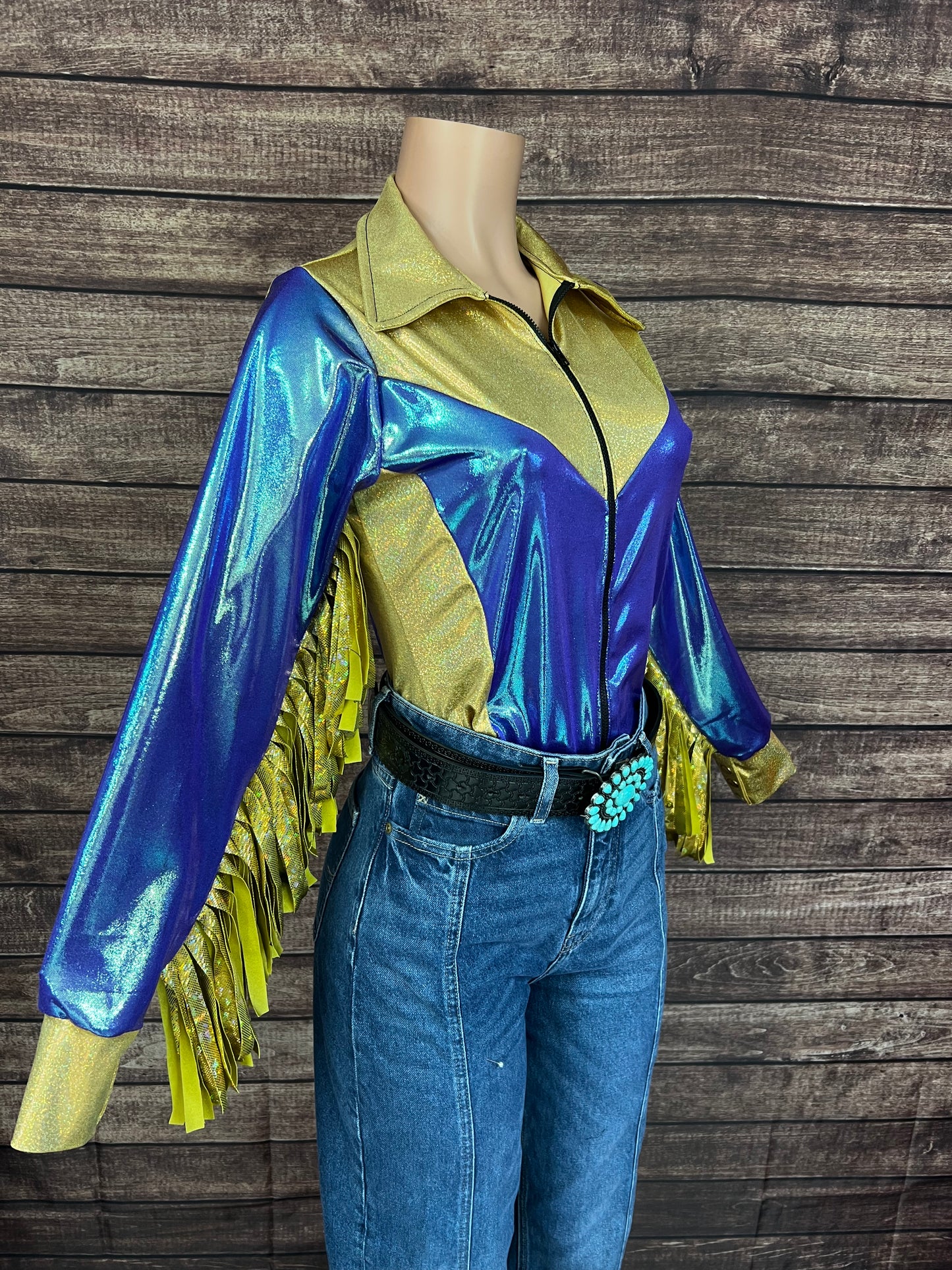 Gold and Moonstone Zipper Front Rodeo Shirt with 6" Thunderbird Fringe