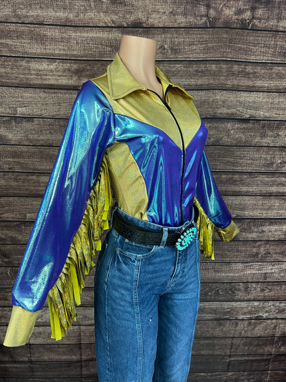 Gold and Moonstone Zipper Front Rodeo Shirt with 6" Thunderbird Fringe