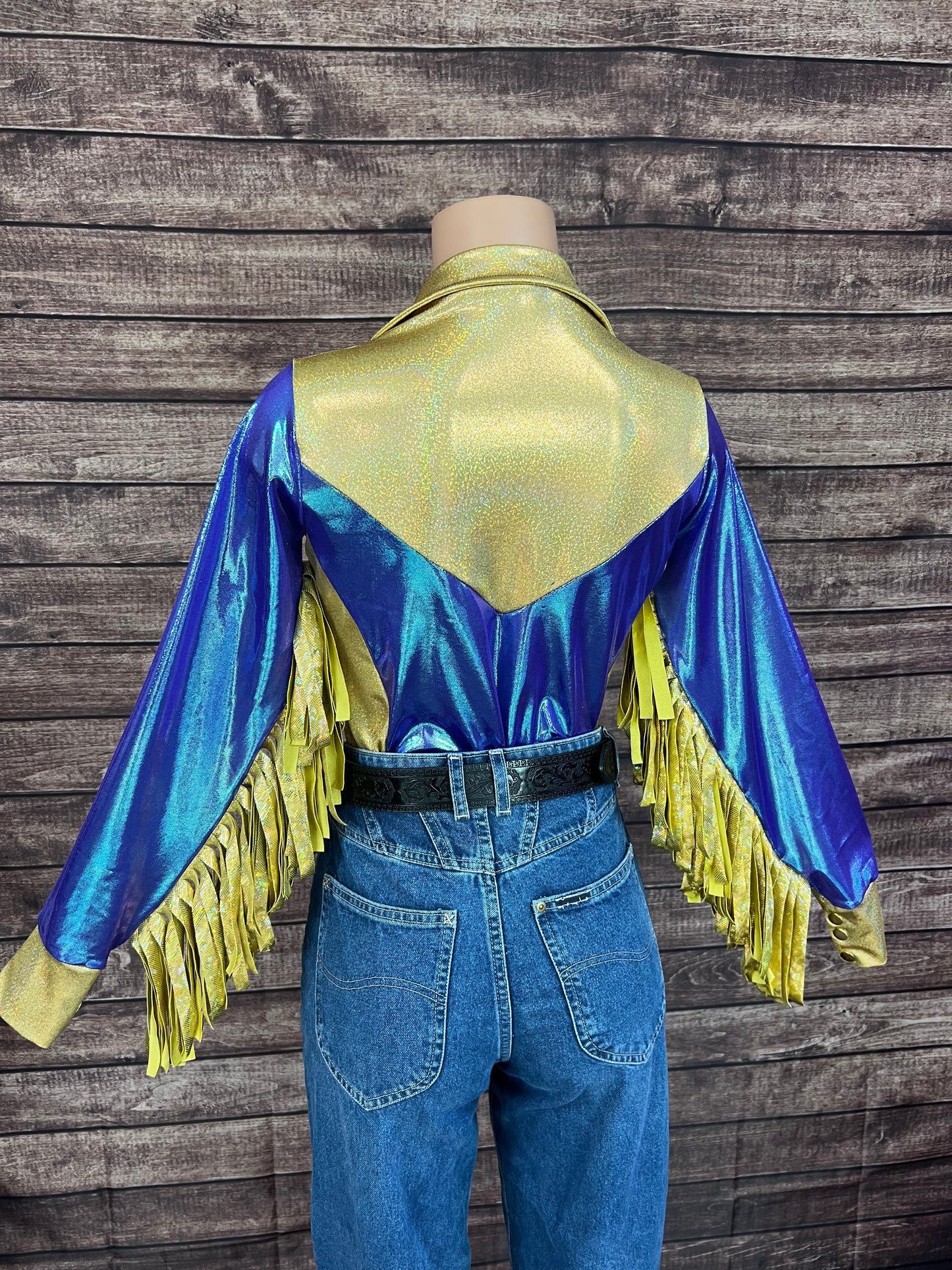 Gold and Moonstone Zipper Front Rodeo Shirt with 6" Thunderbird Fringe