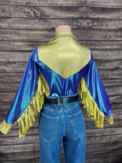 Gold and Moonstone Zipper Front Rodeo Shirt with 6" Thunderbird Fringe