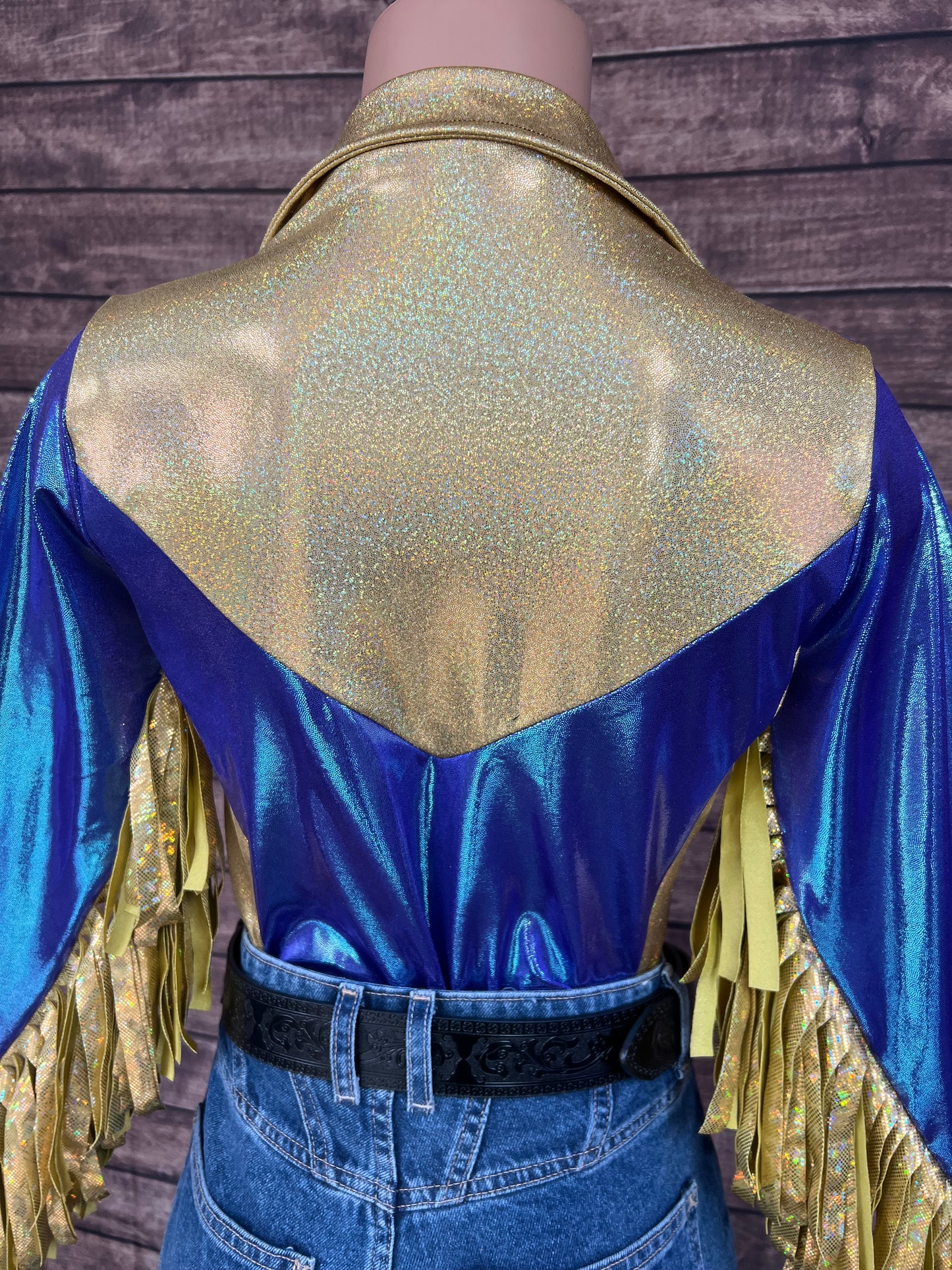 Gold and Moonstone Zipper Front Rodeo Shirt with 6" Thunderbird Fringe