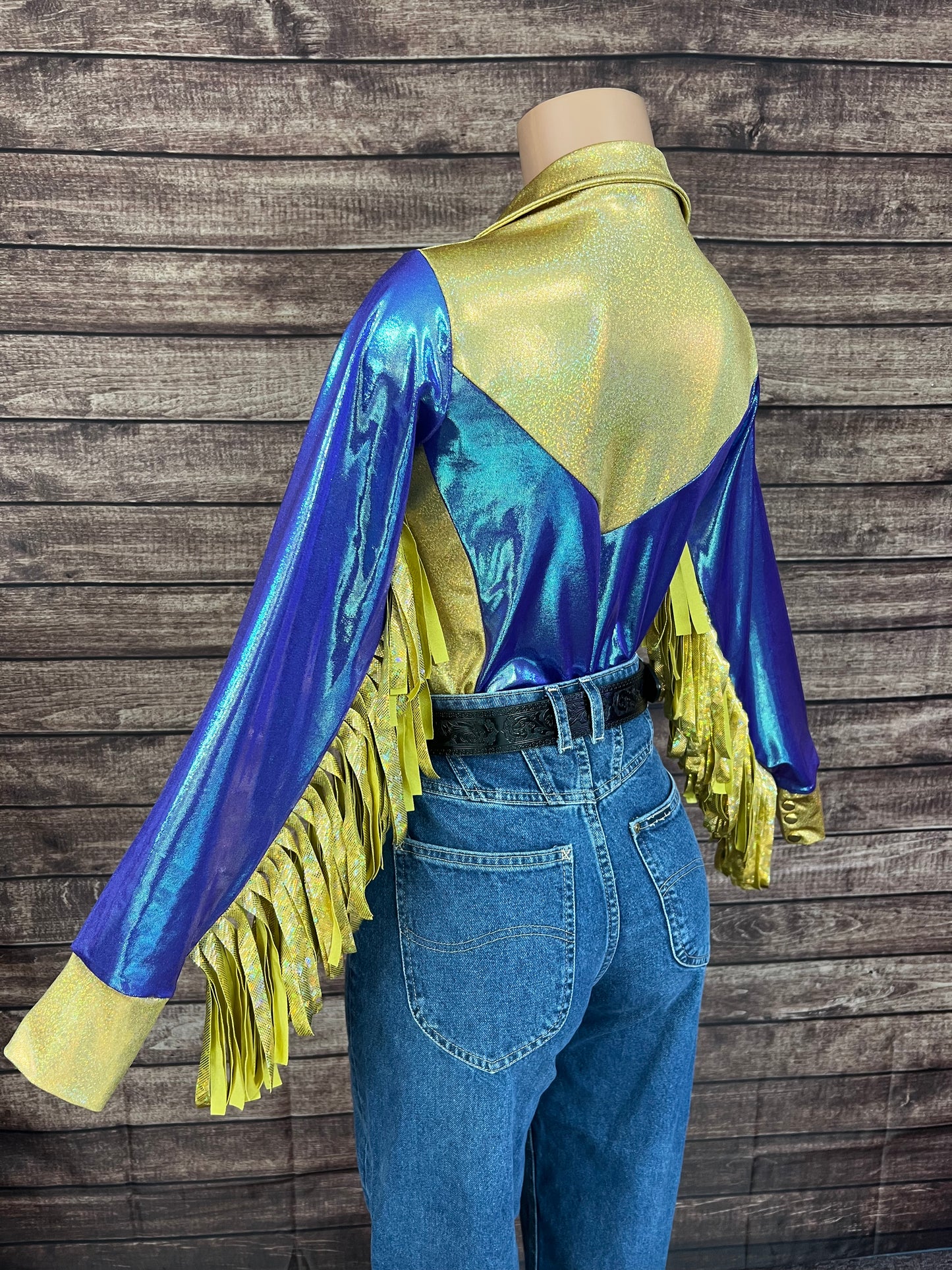 Gold and Moonstone Zipper Front Rodeo Shirt with 6" Thunderbird Fringe