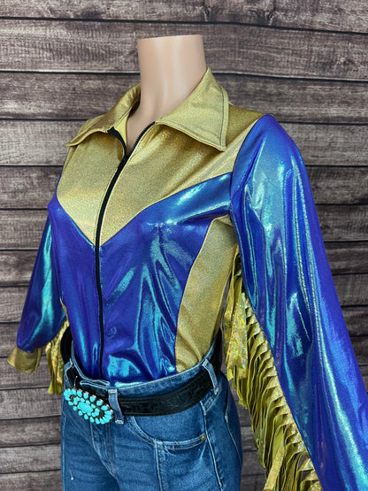 Gold and Moonstone Zipper Front Rodeo Shirt with 6" Thunderbird Fringe