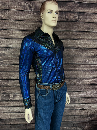 Mens Blue Bayou Zipper Front Rodeo Shirt with Yoke Fringe