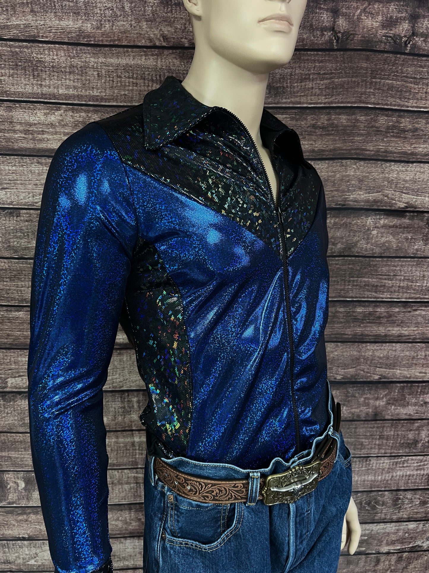 Mens Blue Bayou Zipper Front Rodeo Shirt with Yoke Fringe