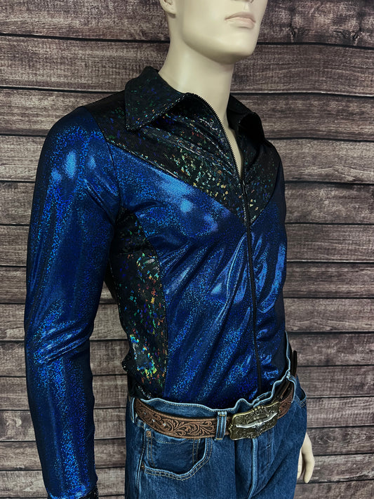 Mens Blue Bayou Zipper Front Rodeo Shirt with Yoke Fringe
