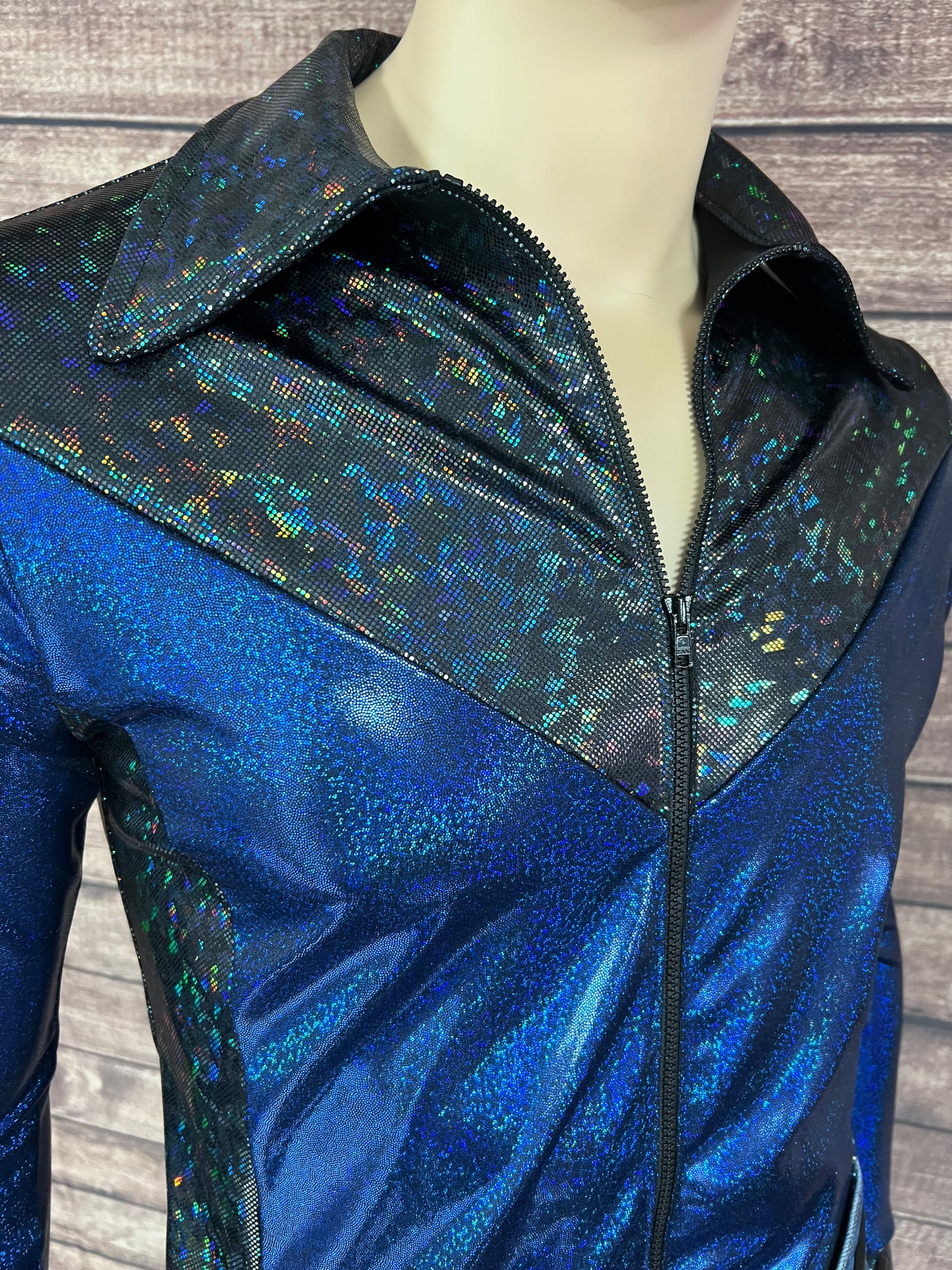 Mens Blue Bayou Zipper Front Rodeo Shirt with Yoke Fringe