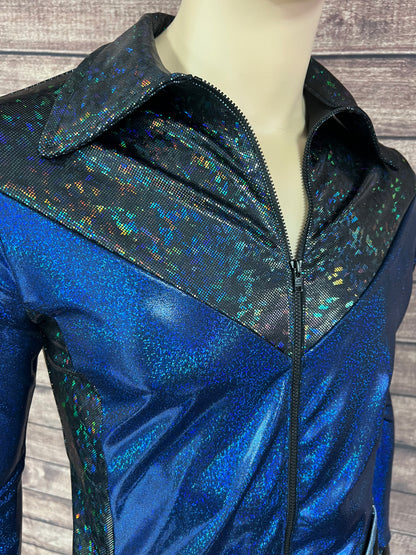 Mens Blue Bayou Zipper Front Rodeo Shirt with Yoke Fringe