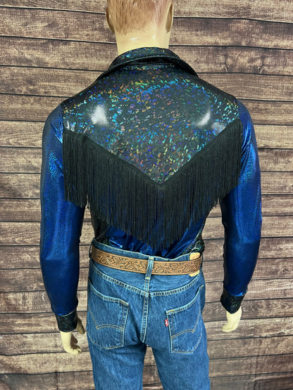 Mens Blue Bayou Zipper Front Rodeo Shirt with Yoke Fringe