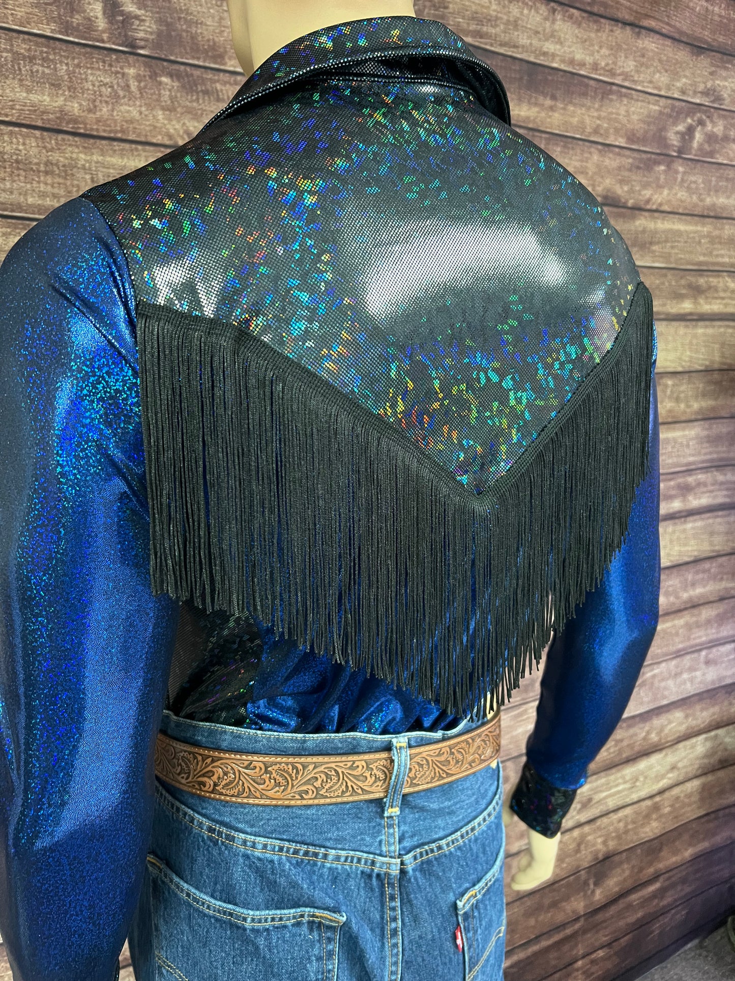 Mens Blue Bayou Zipper Front Rodeo Shirt with Yoke Fringe
