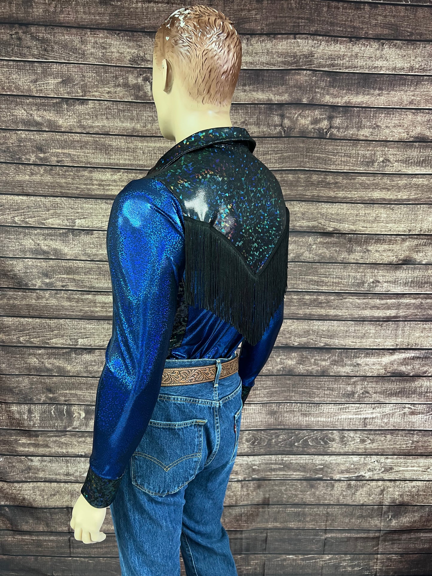 Mens Blue Bayou Zipper Front Rodeo Shirt with Yoke Fringe