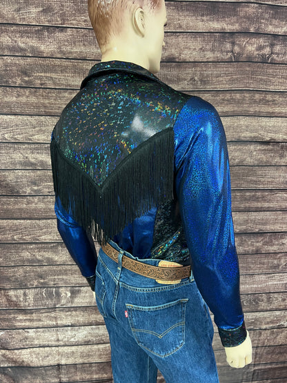 Mens Blue Bayou Zipper Front Rodeo Shirt with Yoke Fringe