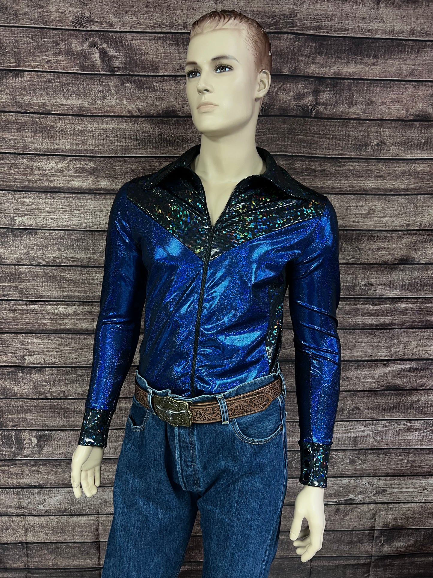 Mens Blue Bayou Zipper Front Rodeo Shirt with Yoke Fringe