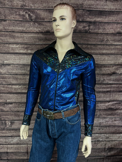 Mens Blue Bayou Zipper Front Rodeo Shirt with Yoke Fringe