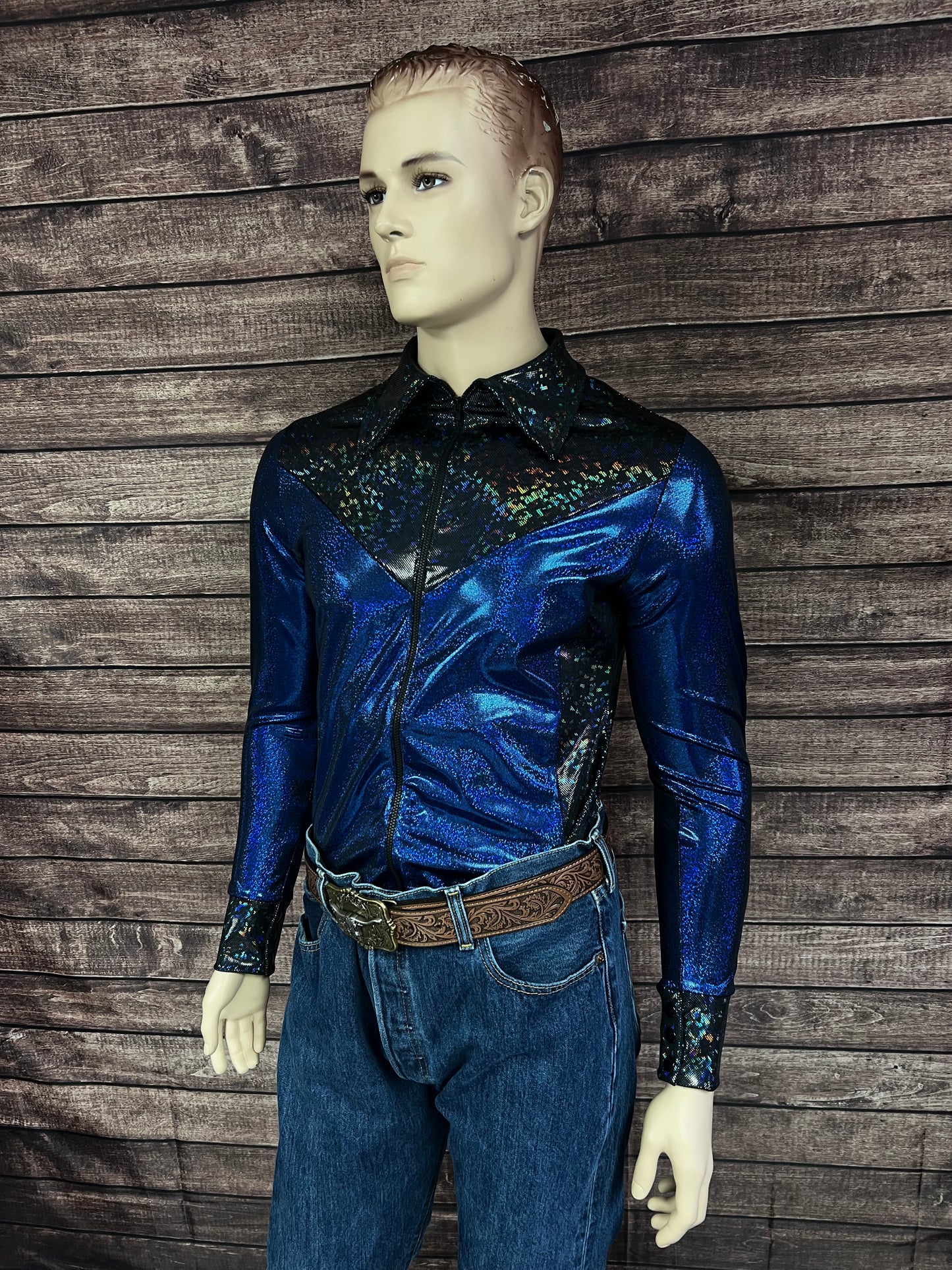 Mens Blue Bayou Zipper Front Rodeo Shirt with Yoke Fringe