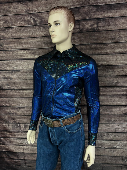 Mens Blue Bayou Zipper Front Rodeo Shirt with Yoke Fringe