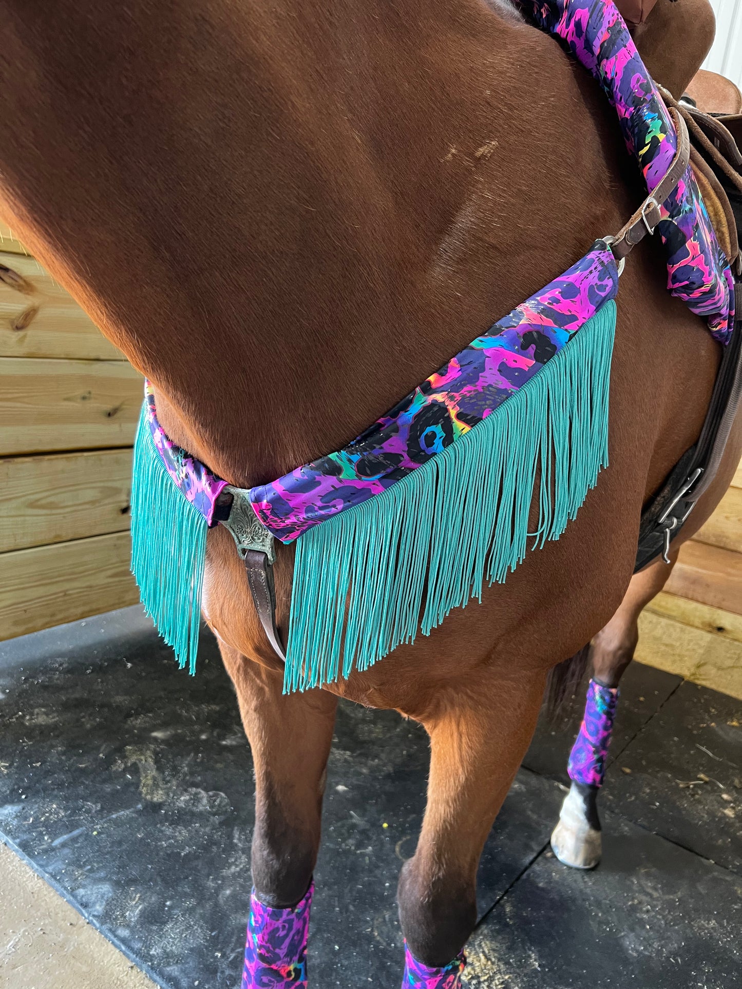 Rainbow Leopard Breast Collar Cover with Dusty Jade Chainette Fringe (Covers ONLY)
