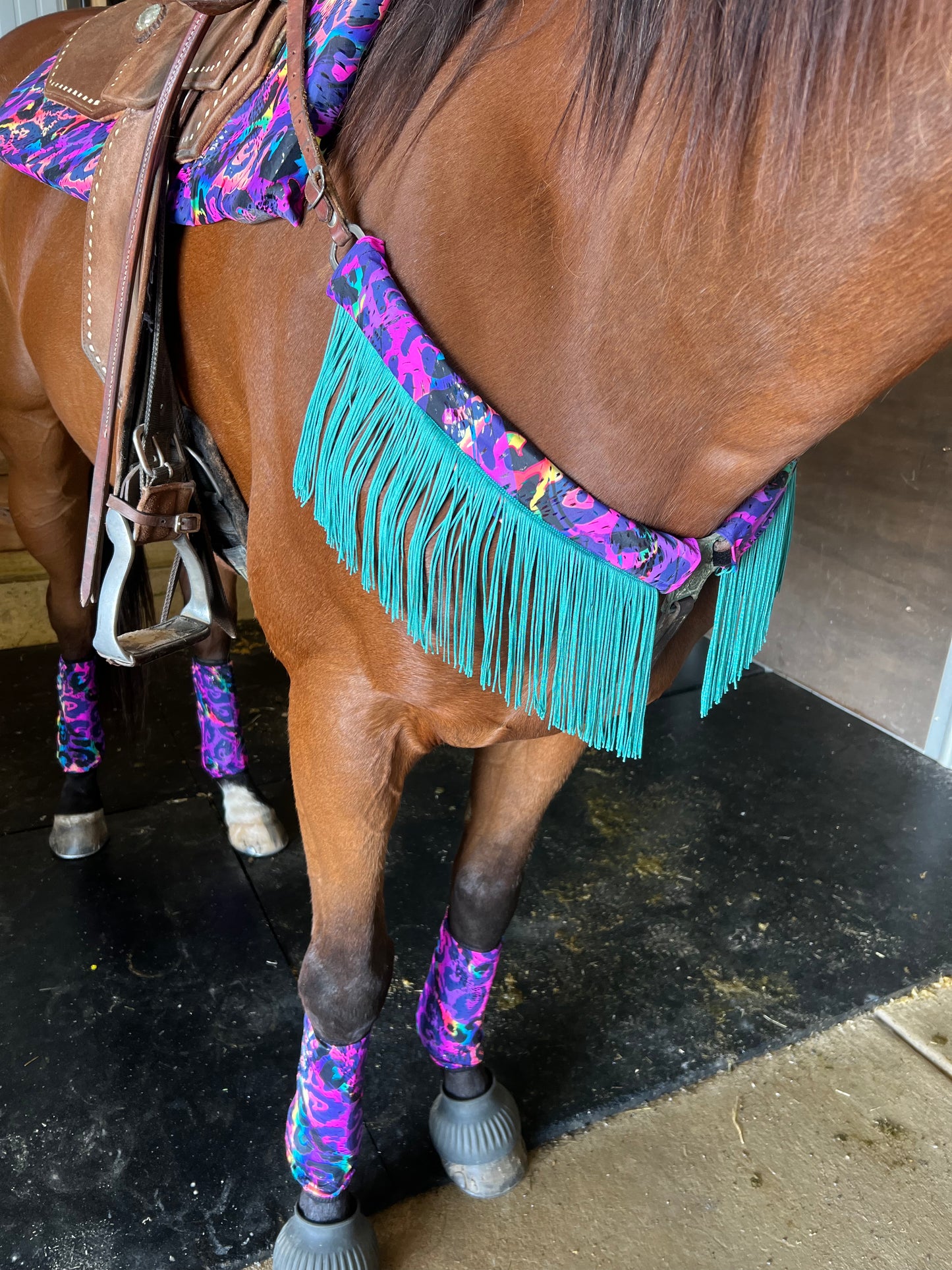 Rainbow Leopard Breast Collar Cover with Dusty Jade Chainette Fringe (Covers ONLY)