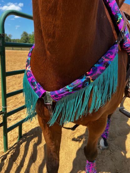 Rainbow Leopard Breast Collar Cover with Dusty Jade Chainette Fringe (Covers ONLY)