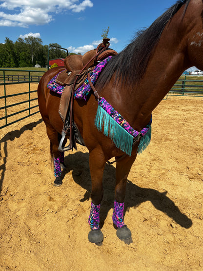 Rainbow Leopard Breast Collar Cover with Dusty Jade Chainette Fringe (Covers ONLY)