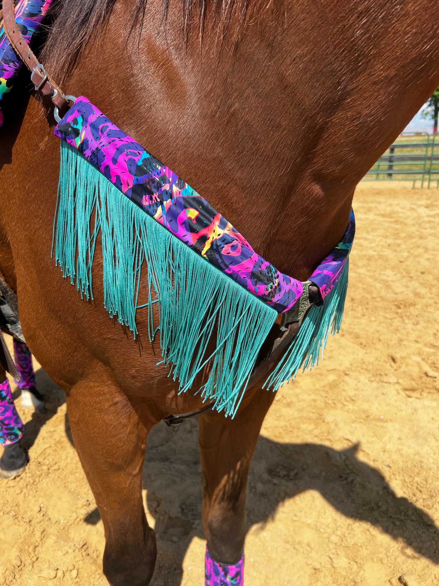 Rainbow Leopard Breast Collar Cover with Dusty Jade Chainette Fringe (Covers ONLY)