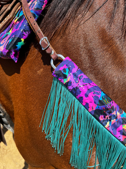 Rainbow Leopard Breast Collar Cover with Dusty Jade Chainette Fringe (Covers ONLY)