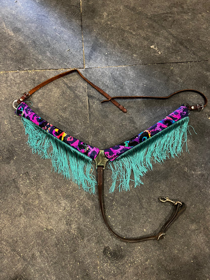 Rainbow Leopard Breast Collar Cover with Dusty Jade Chainette Fringe (Covers ONLY)