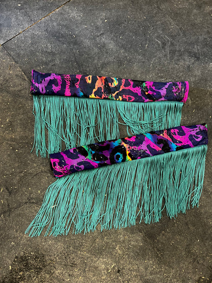 Rainbow Leopard Breast Collar Cover with Dusty Jade Chainette Fringe (Covers ONLY)