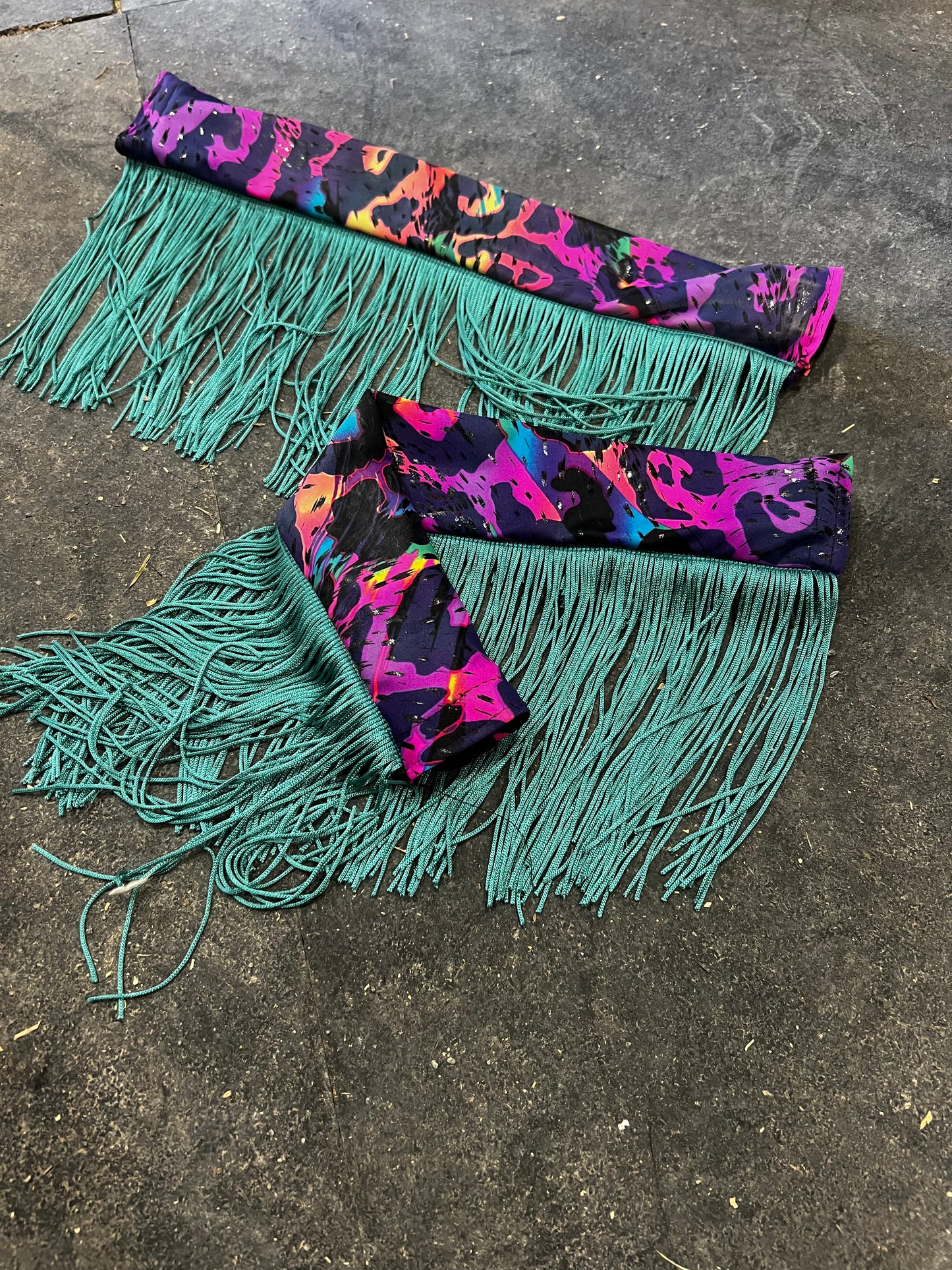 Rainbow Leopard Breast Collar Cover with Dusty Jade Chainette Fringe (Covers ONLY)